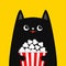 Black cat holding popcorn box. Cute cartoon funny character. Kitten watching movie. Cinema theater. Pop corn. Film show. Kids