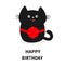 Black cat icon with round red bow. Cute funny cartoon character. Happy Birthday. Greeting card. Kitty Whisker Baby pet collection.