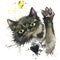 Black cat illustration with splash watercolor textured background.