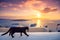 A black cat on a ledge at sunset at Fira town, with view of caldera, volcano and cruise ships, Santorini, Greece.