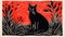 Black Cat Lino Print Artwork Inspired By Edward Bawden