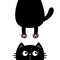 Black cat look right side. Funny face head silhouette. Hanging fat body paw print, tail. Kawaii animal. Baby card. Notebook cover