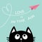 Black cat looking up to pink flying origami paper plane. Dashed line Heart loop. Love is in the air text. Cute cartoon animal char