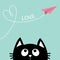 Black cat looking up to pink flying origami paper plane. Dashed line Heart loop. Love text. Cute cartoon animal character. Valenti