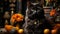A black cat lounges atop an orange pumpkin in a cozy indoor space