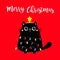 Black cat Merry Christmas fir tree shape. Garland lights bulb string. Kitty kitten sitting. Funny Kawaii animal. Kids print. Cute