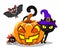 Black cat peeks out from behind a pumpkin, a spider and a bat on a white background, isolated. Halloween