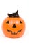 Black cat and plastic pumpkin - halloween