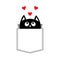 Black cat in the pocket looking up to three red heart set. T-shirt design. Cute cartoon character. Kawaii animal. Love Greeting ca