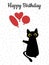 Black cat and red balloons with polka dots. Festive card for Birthday.