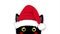Black Cat with Santa Hat Sneaking. Greeting Card Christmas Day.