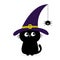 Black cat silhouette looking to hanging on dash line web spider insect. Witch hat cap. Happy Halloween. Baby pet animal collection