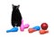 A black cat sits among the pins for bowling in the tension and stress. Illustration on white background.