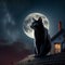 A black cat sits on the roof at night against the background of the full moon.