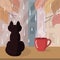 Black cat sits on the windowsill next to a hot cup of coffee tea and looks at the rain outside the window.