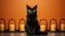 A black cat sitting in front of candles