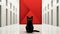 A black cat sitting in a hallway with a red wall