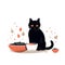 a black cat is sitting next to a bowl of cereal and a bowl of black cat food on a white background with leaves and drops