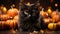 A black cat sitting next to pumpkins