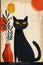 a black cat is sitting next to a vase of flowers