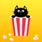 Black cat sitting in Popcorn box. Movie Cinema icon in flat design style. Pop corn. Cute cartoon funny pet character. Yellow gradi