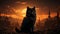 A black cat sitting on rocks with a city in the background