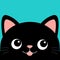 Black cat smiling head face silhouette. Cute cartoon kawaii funny baby character. Funny doodle animal. Pink cheeks, tongue. Pet