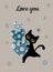 Black cat and spring flower heart blue. Valentine`s card.