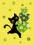 Black cat and spring flower heart green. Valentine`s card.