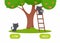 Black cat standing on ladder, cat standing near apple tree illustration with typography.