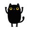 Black cat standing. Waving hand paw. Funny head face icon. Kitten with yellow eyes. Cute cartoon funny baby character. Kawaii