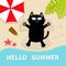 Black cat sunbathing on the beach. Sunglasses. Making sand snow angel. Hello summer. Top aerial view. Beach, sea ocean, umbrella,