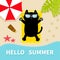 Black cat sunbathing on the beach Yellow air pool water mattress. Hello summer. Top aerial view. Beach, sea ocean, umbrella, sand,