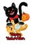 Black cat tearing a teddy bear. Halloween card