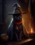 A black cat wearing a hat is sitting next to a candle on Halloween. The cat is casting a protection spell from the tarot