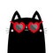 Black cat wearing red heart shape sunglasses eyeglasses. Funny sunglass. Black lenses, red frame. Cute cartoon kawaii character.