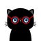 Black cat wearing red round shape sunglasses eyeglasses. Funny sunglass. Blue lenses, red frame. Cute cartoon kawaii character.