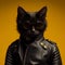 A black cat wearing a stylish leather jacket and cool sunglasses. The feline exudes an edgy and rebellious vibe, with an