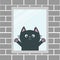 Black cat in the window. House brick wall. Open hand paw print. Kitty reaching for a hug. Funny Kawaii animal. Baby card. Cute car