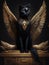 A black cat with wings sitting on top of a golden tomb in the style of Egyptian art. AI generated