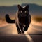 Black cat with yellow eyes crosses road, close-up. Bad omen, superstition, magic,