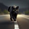 Black cat with yellow eyes crosses road, close-up. Bad omen, superstition, magic