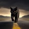 Black cat with yellow eyes crosses road, close-up. Bad omen, superstition, magic, sorcery,