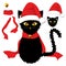 Black Cat with Yellow Eyes. Santa Hat, Red Ribbon Scarf and Golden Jingle Bell Ball. Christmas Day. Vector Illustration