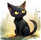A black cat with yellow eyes sits in the grass animation illustration