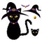 Black Cat with Yellow Eyes. Witch Hat, Purple Collar and Golden Ball Bell. Halloween Day. Vector Illustration