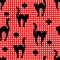 Black cats and card suit spades silhouettes. Vector seamless pattern on a red checked background