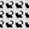 Black cats and kittens silhouettes with meow words on white background . Seamless pattern, vector