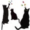 Black cats silhouettes and colorful butterflies