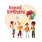 Black and Caucasian boys, kids with balloons, birthday hats, gifts